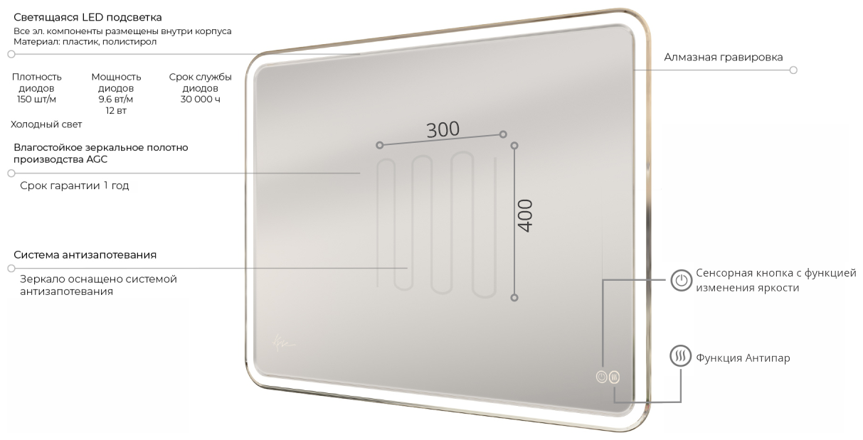 Влагостойкое зеркало в ванную комнату Venecia c LED подсветкой 70 х 100 см с сенсорным выключателем, подогревом (функция антизапотевания), гравировкой - фотография № 5