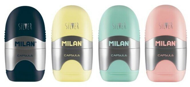 Ластик-точилка 1 отверстие с контейнером MILAN Capsule Silver, микс 3787156