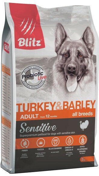 Blitz Adult Sensitive Turkey&Barley сухой корм для взрослых собак, индейка и ячмень 2 кг