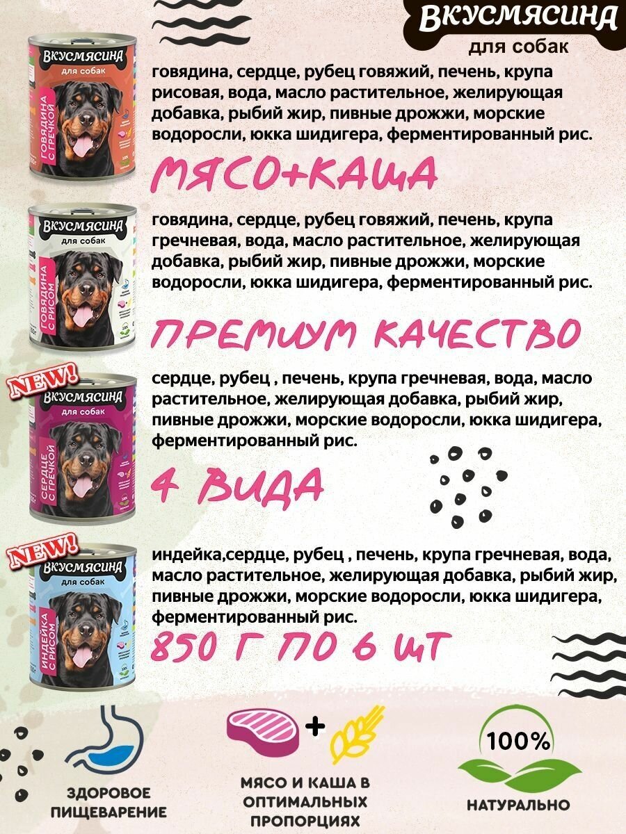 Корм для собак влажный, вкусмясина микс 32 из 6 вкусов, 850 г х 6 шт. — фото 1
