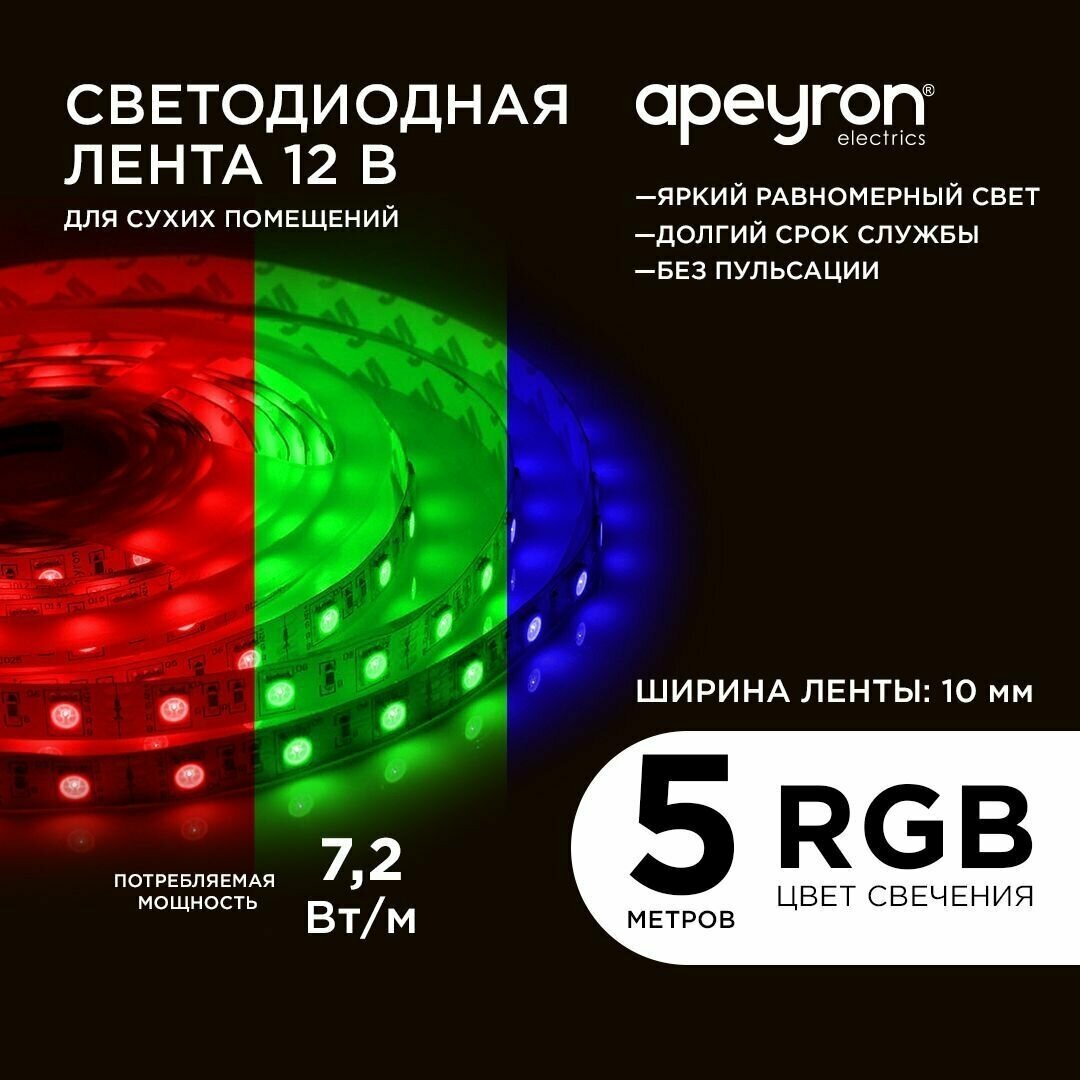 Яркая светодиодная лента в блистере с напряжением 12В, RBG, 60д/м / 7,2Вт/м / smd5050 / IP20 / длина 5 метров, ширина 10 мм / гарантия 1 год