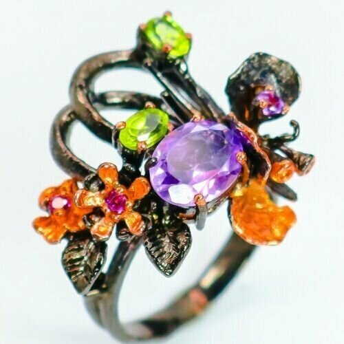 Кольцо помолвочное, серебро, 925 проба, чернение, аметист, размер 18, мультиколор