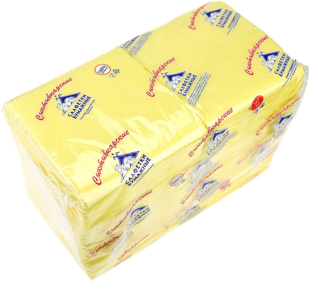 Салфетки бумажные 24х24см "Сыктывкарские", 1 слойные, 400 штук в упаковке, сырье - 100% целлюлоза, лимонный, в мягкой упаковке (Россия)