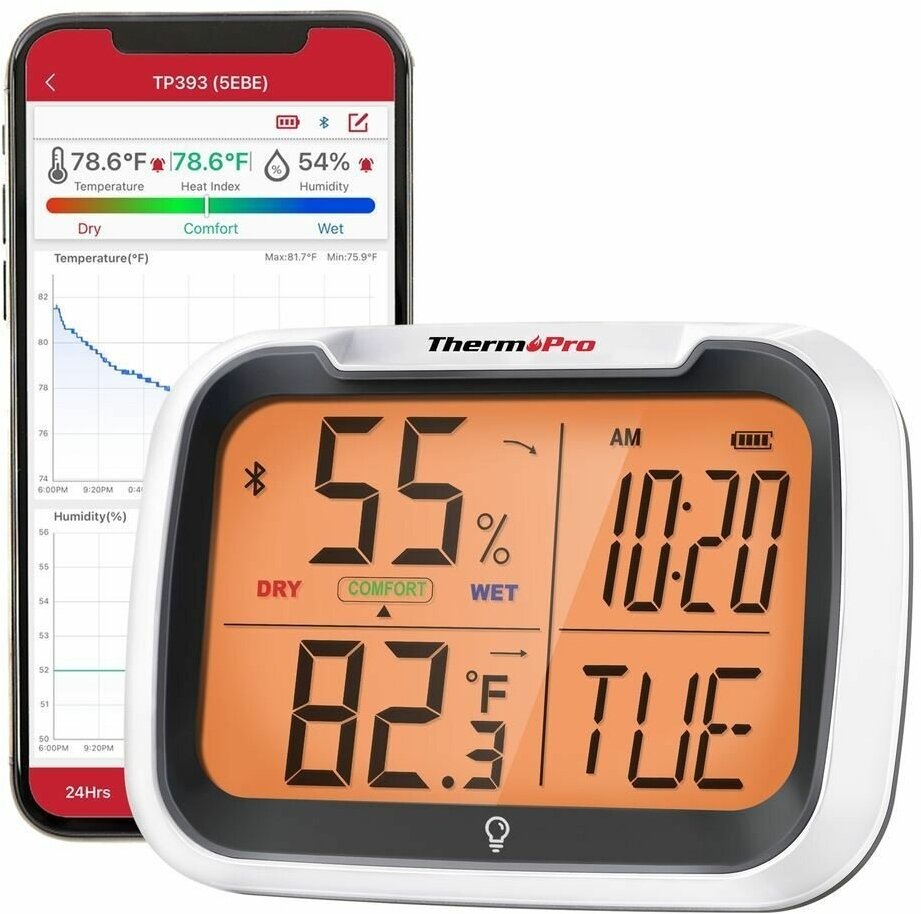 Домашний беспроводной цифровой Bluetooth термометр-гигрометр ThermoPro TP393 с большой подсветкой, с датой и часами - фотография № 2