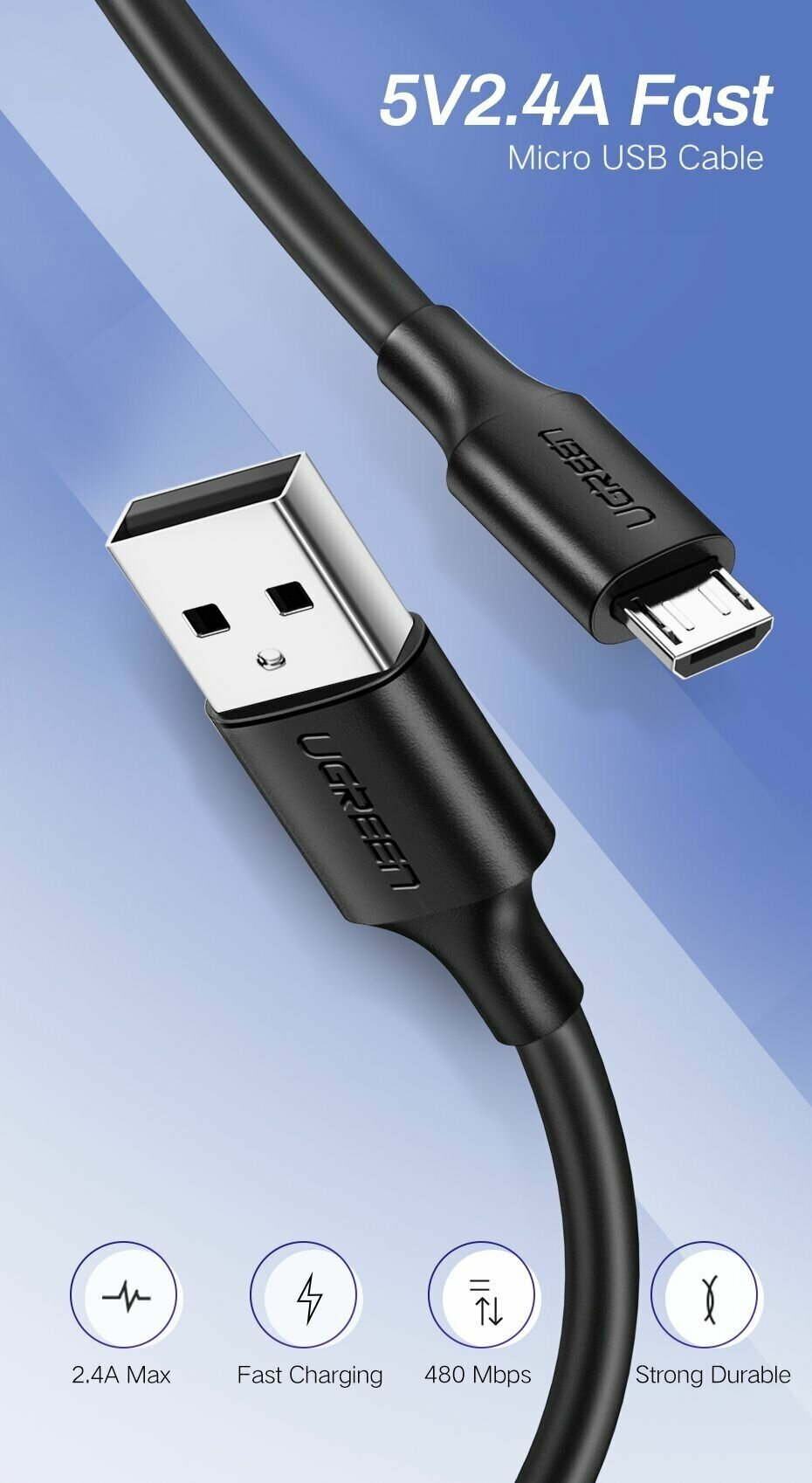 Кабель UGREEN 60136 USB 2.0 A/Micro USB, Nickel Plating, 1м, black - фото №13