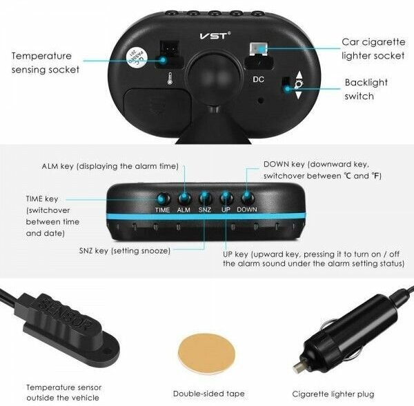 Автомобильные часы с подсветкой, вольтметром и термометром VST 7009V-5 - фотография № 6