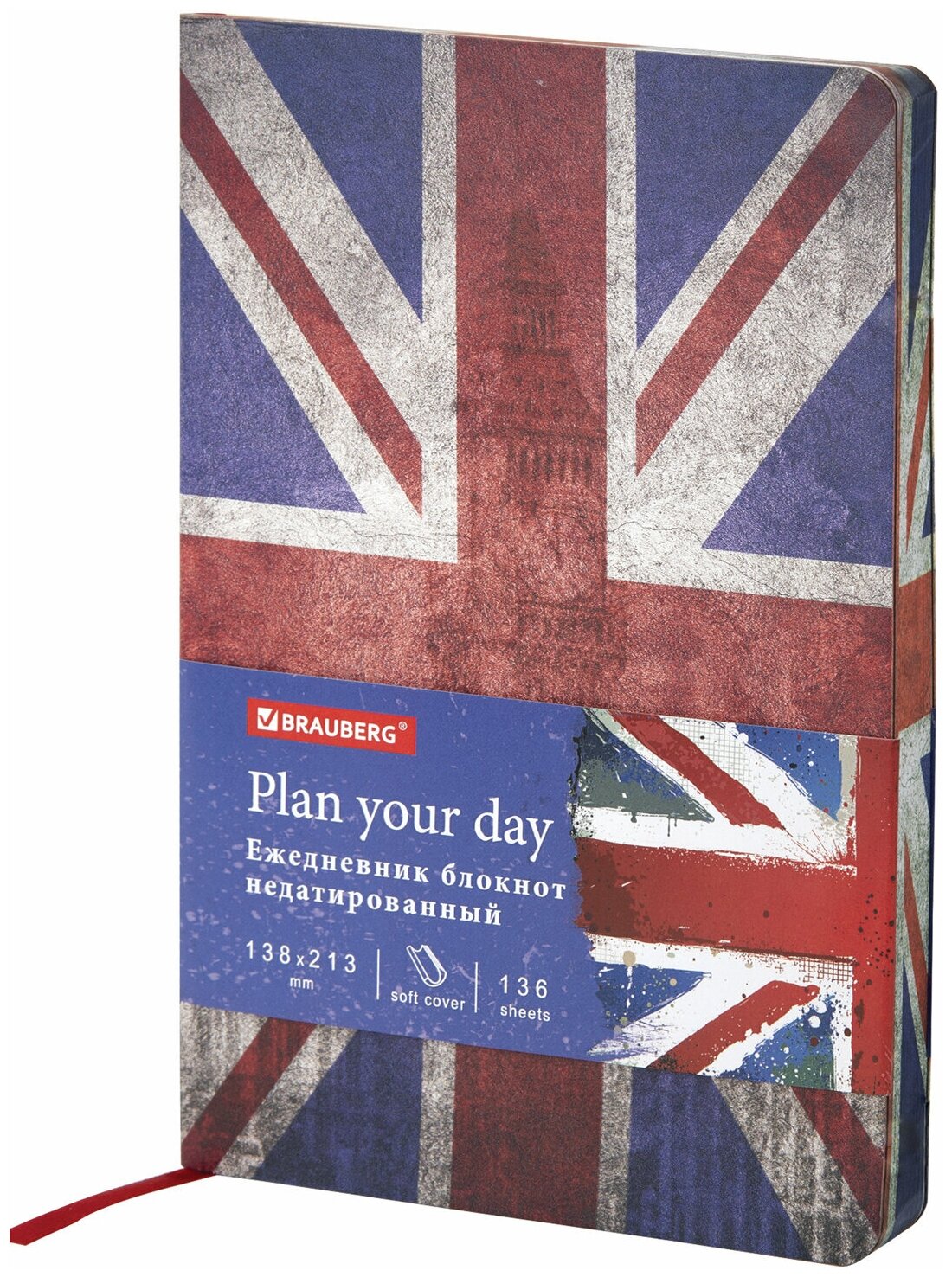 Ежедневник BRAUBERG Great Britain 112007 недатированный на 2022 год, искусственная кожа, А5, 136 листов, красный/синий