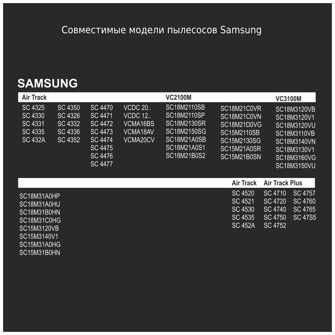 Стандартный фильтр для пылесосов Samsung Air Track серии SC43, SC44, SC45, SC46, SC47, VCDC20, VCMA15, VCMA16, VCMA18, VCMA20 (DJ63-00669A / DJ63-00672D / DJ97-01040C)