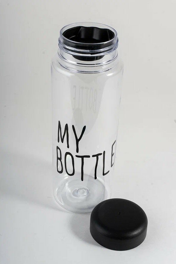 Бутылка для воды 500 мл с системой защиты от обливания, высота 20 см, цвет крышки и надписи -Черный