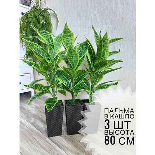 Пальма искусственная в горшке кашпо ротанг 3 шт -80 см. Искусственная зелень в пластиковом напольном кашпо премиум качество листья силикон как живые