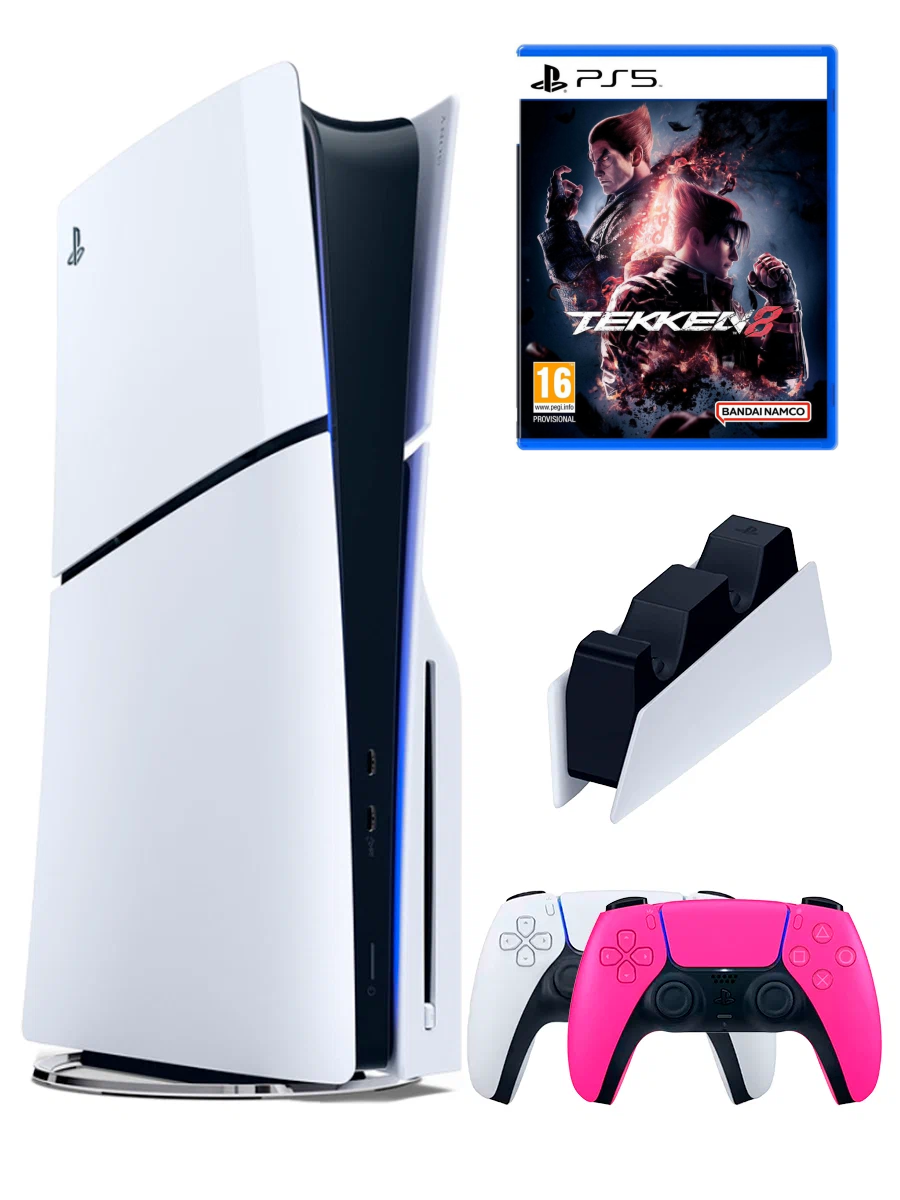 PS5 (ПС5) Игровая приставка Sony PlayStation 5 Slim disk+2-й геймпад(розовый)+зарядное+ игра Tekken 8, 1000 ГБ