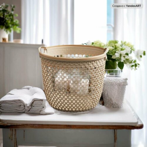 Корзина для белья с ручками, круглая, светло-кофейный цвет