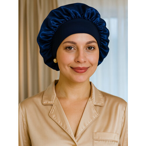 фото Шапочка для сна wma store, атласная, шелковая, синяя, с эластичной лентой, женская, 52-60