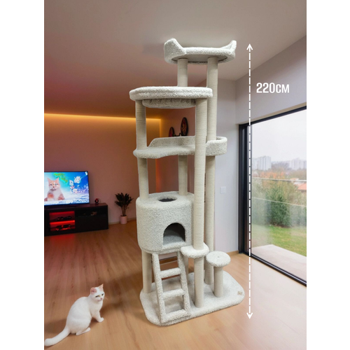 фото Игровой комплекс для кошек, моя котя, с большим гамаком, "небоскреб", белый ковролин и хлопковый канат