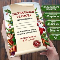 Грамота Похвальная. Письмо Деда Мороза. Новый год. Набор 20 штук. Размер 21х30 см. (формат А4) Школа или детский сад.