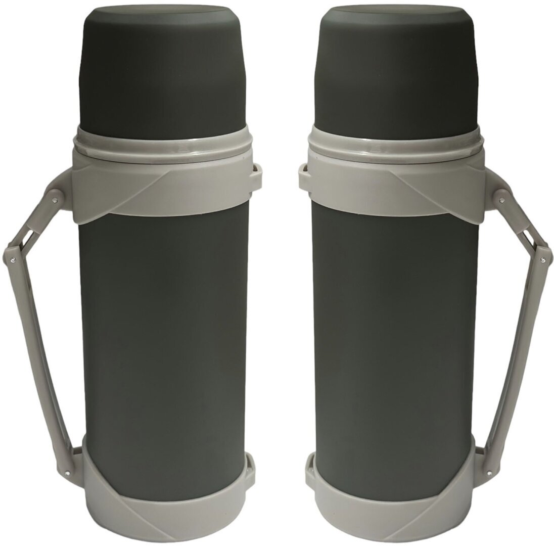 фото Походный термос со складной ручкой - нержавеющая сталь, олива, крышка-чашка, пазы для ремня