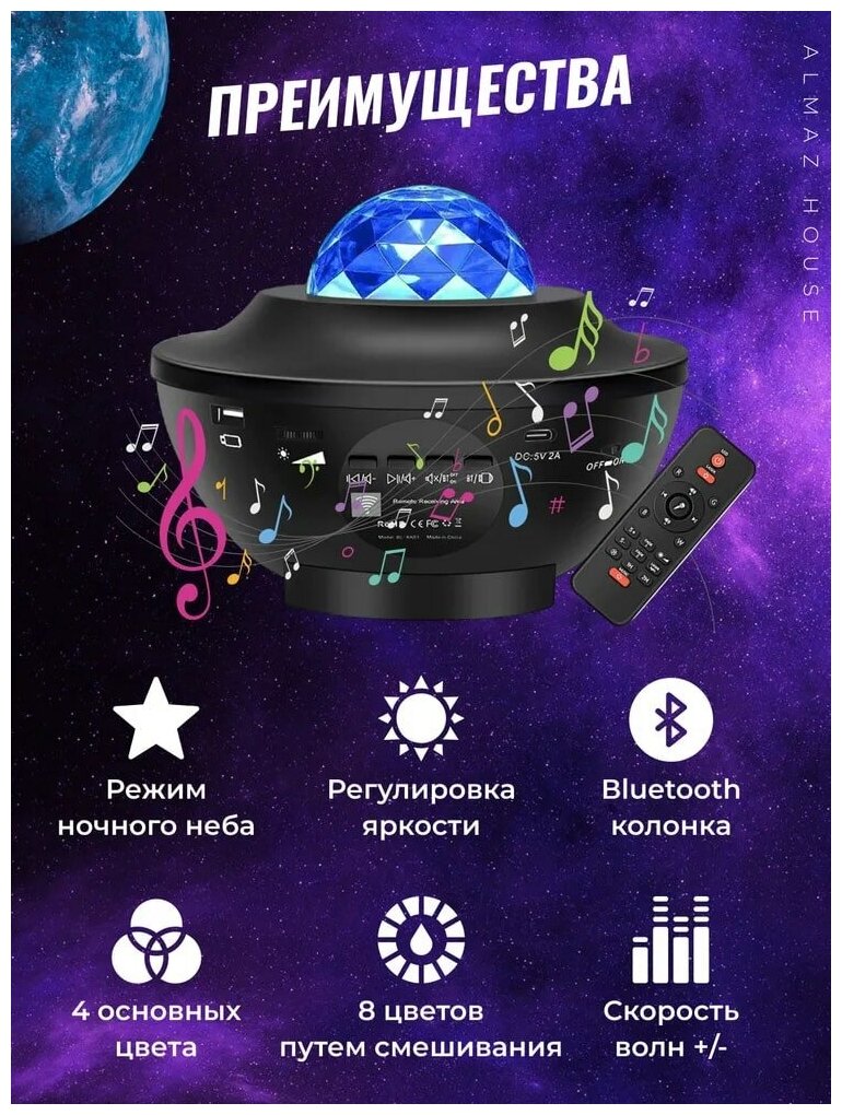 Музыкальный ночник - проектор звездного неба с колонкой Space Melody/светильник/лампа декоративная - фотография № 18