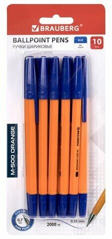 Ручки шариковые BRAUBERG "M-500 ORANGE", набор 10 шт, синие, узел 0,7 мм, линия письма 0,35 мм, 143951