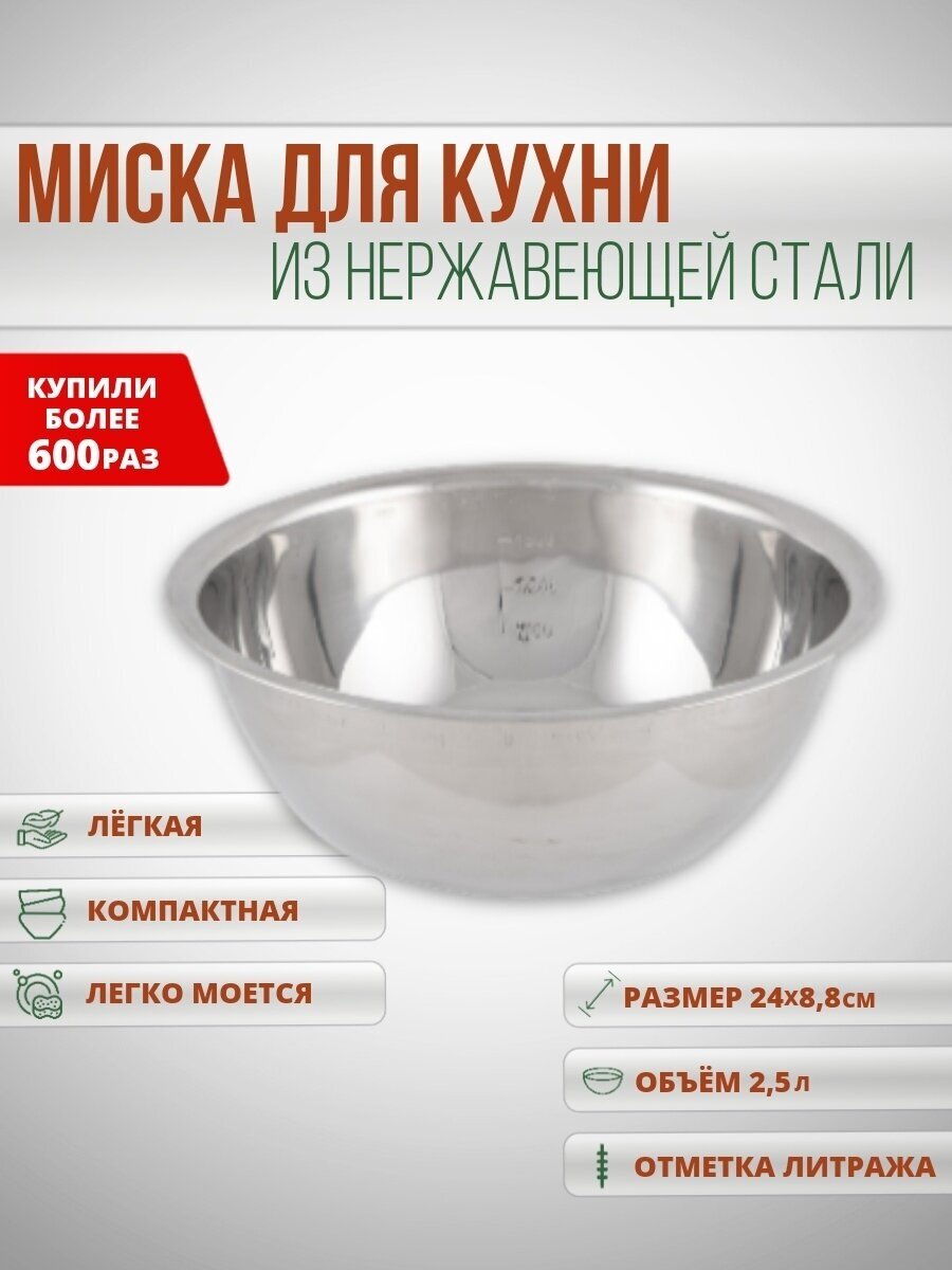 Миска (MALLONY Миска Bowl-Roll-24, объем 2500 мл, из нерж стали, зеркальная полировка, диа 24 см (003278))