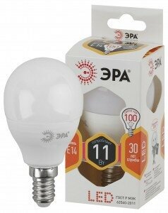 Светодиодная LED лампа ЭРА стандарт шар P45 E14 11W(880lm) 2700K 2K 2486 (упаковка 10 штук)