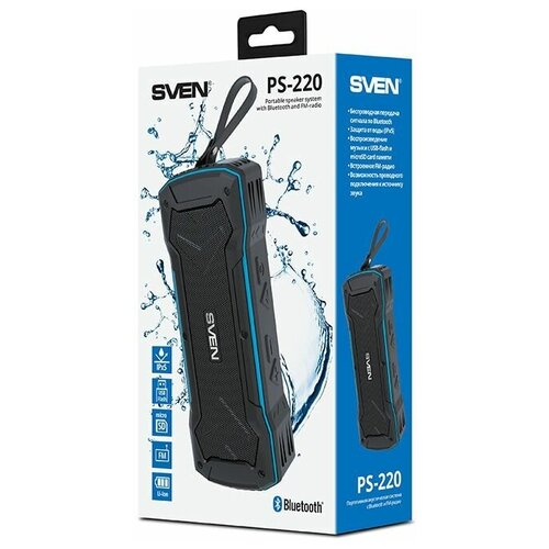 Колонка порт. Sven PS-220 черный/синий 10W 2.0 BT/3.5Jack/USB 10м 1200mAh (SV-016470)