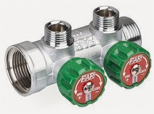 Изображение товара Коллектор Far регулирующий 1" (ВР-НР) с 2 отв. 3/4" НР (межосев. 45 мм), плск. упл.