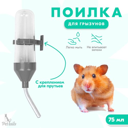 Поилка для грызунов 75 мл пластиковая, PetTails HAMSTER, серая