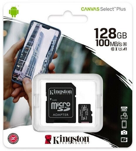 Карта памяти microSDXC Kingston Canvas Select Plus SDCX10 128 GB чтение: 100 MB/s адаптер на SD 1 шт.