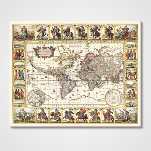 Карта мира cтаринная 1652 г, на холсте, 63х50 см