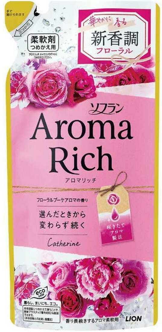 LION Soflan Aroma Rich Catherine Кондиционер для белья дезодорирующий с натуральными ароматическими маслами розы, пиона и апельсина, сменный блок 400 мл.