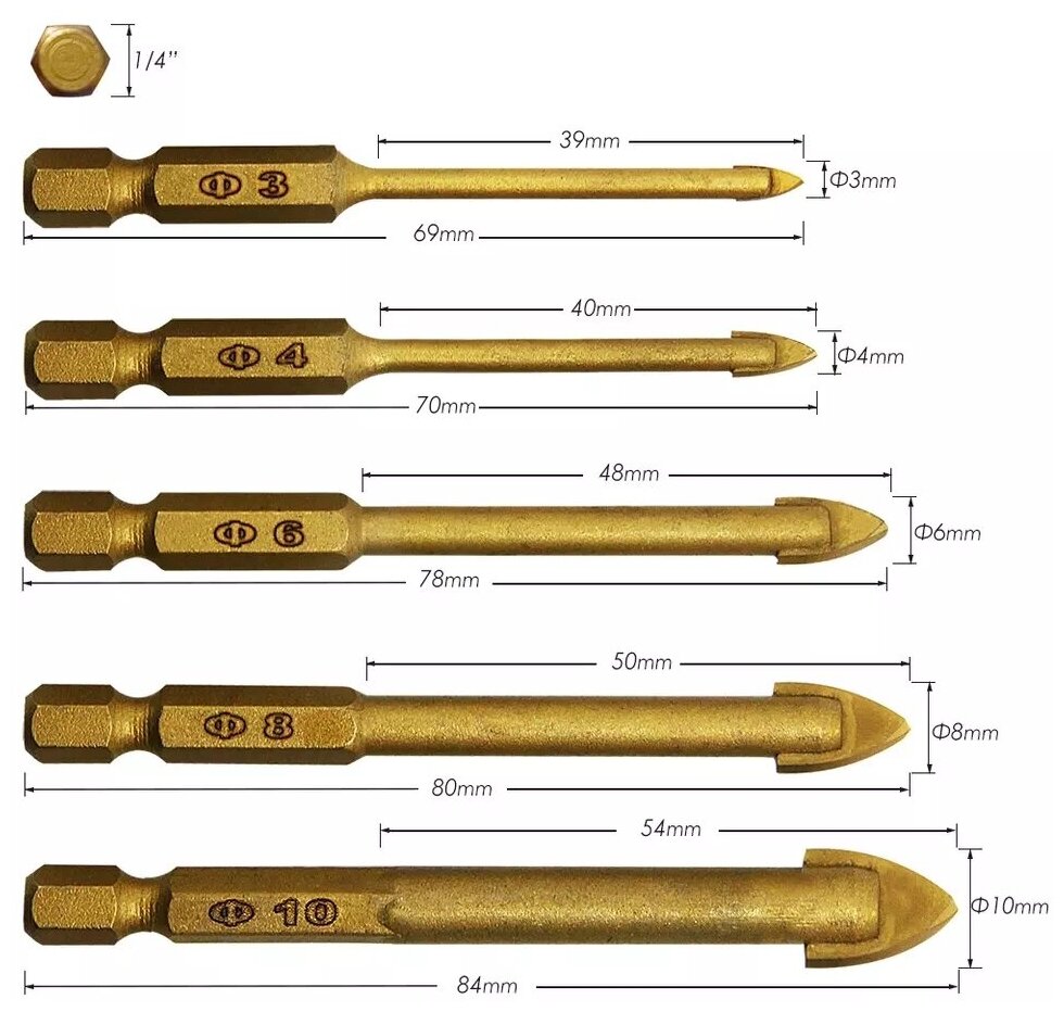Набор свёрл (свёрел) с титановым покрытием Franzhoff по стеклу кафелю плитке керамике 5шт. 346810мм. в кейсе с шестигранными хвостовиками