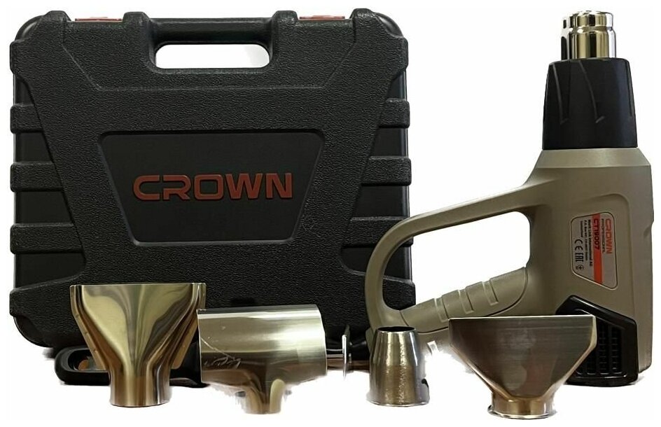 Фен строительный CROWN CT19007 BMC 2000 Вт., 3 режима, 4 насадки, кейс - фотография № 1