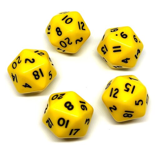 Двадцатигранный кубик (D20), 5 шт, желтый (для DnD (ДнД), Pathfinder, настольных, трансформационных игр, обучению детей счету)