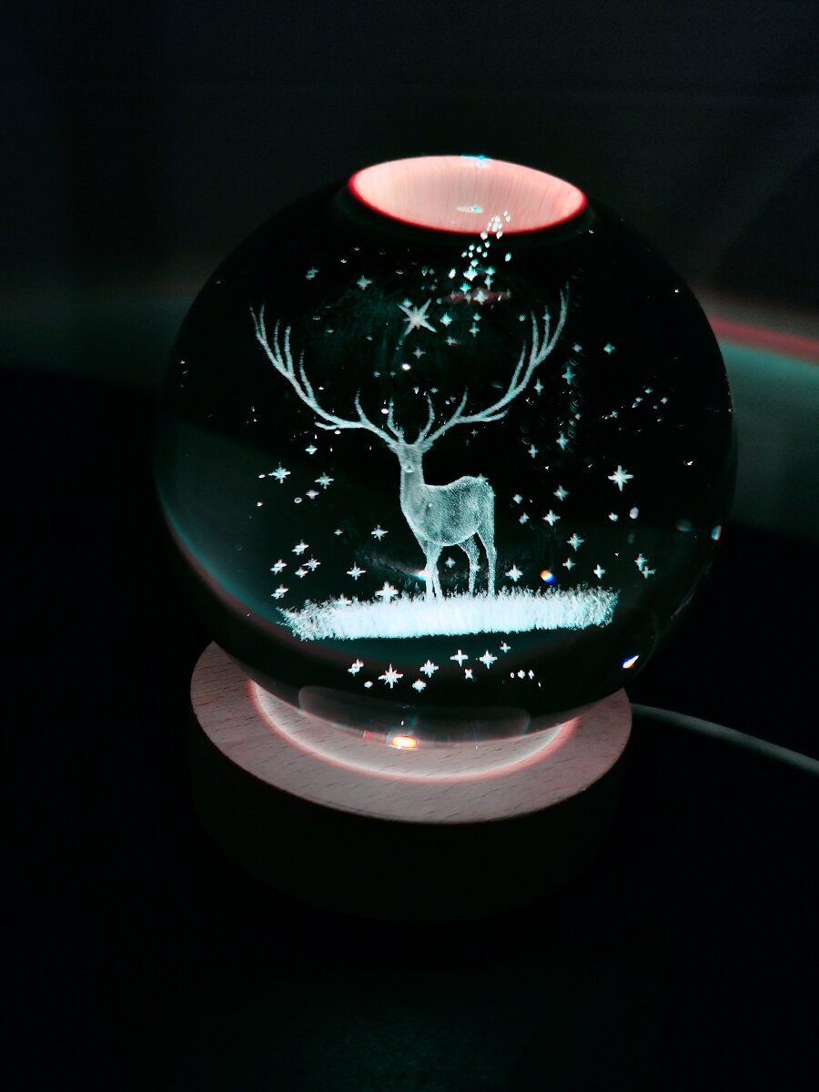 Ночник светильник стеклянный шар лампа 3D - Олень - фотография № 6