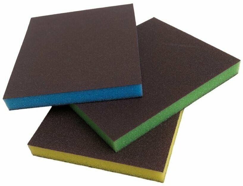 Губка двусторонняя Sponge Fine, Superfine, Ultrafine 98*120*13mm 3шт синяя(Р800), желтая(Р240), зеленая(Р600)