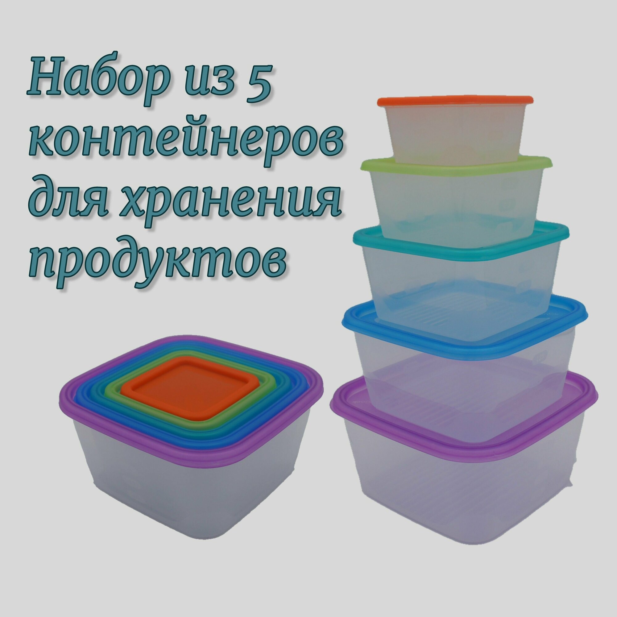 Набор контейнеров для еды 5 штук, объем: 2,6л, 1,7л, 1,1л, 0,63л, 0,3 л
