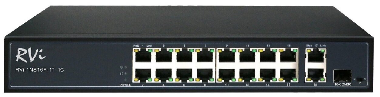 Коммутатор 16-ти портовый неуправляемый 10Base-T, 100Base-TX, 1000Base-T (RVi-1NS16F-1T-1C) RVI С0000023423
