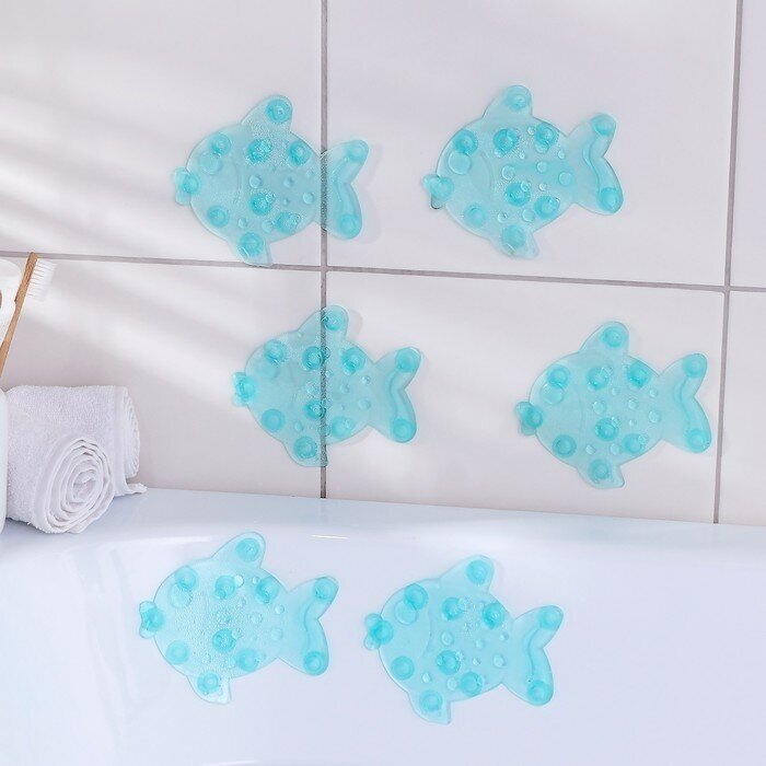 Доляна Набор мини-ковриков для ванны на присосках Доляна «Рыбка», 11×12 см, 6 шт, цвет микс