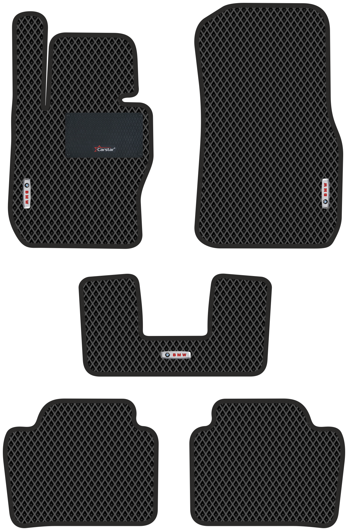 Автомобильные коврики EVA для BMW 3 VI F30 полный привод (2011-2019) с каучуковым подпятником и 3 эмблемами BMW чёрные с чёрным кантом ячейка - ромб