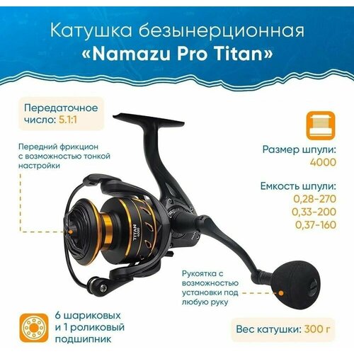 Катушка безынерционная Namazu Pro Titan TI4000 , 6+1 подш, метал. шпуля катушка безынерционная namazu pro titan ti5000 6 1 подш метал шпуля