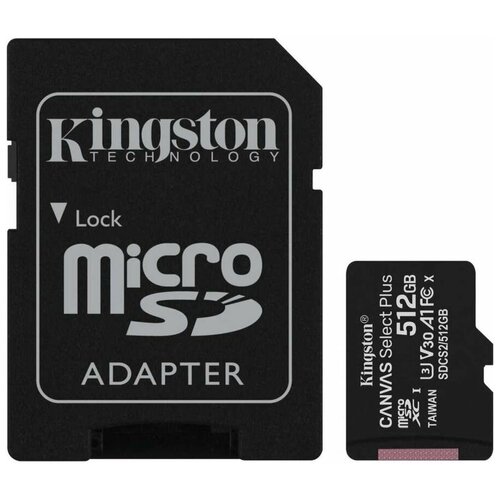 Карта памяти microSDXC UHS-I U3 Kingston Canvas Select Plus 512 ГБ, 100 МБ/с, SDCS2/512GB, 1 шт, переходник SD