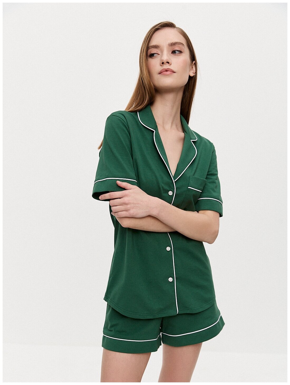 Пижама с шортами Английский воротник цвет Темно-зеленый S - фотография № 3