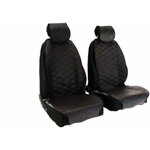 Защитные накидки передних сидений универсальные, экокожа, центр перфорация, одинарная красная строчка Соты