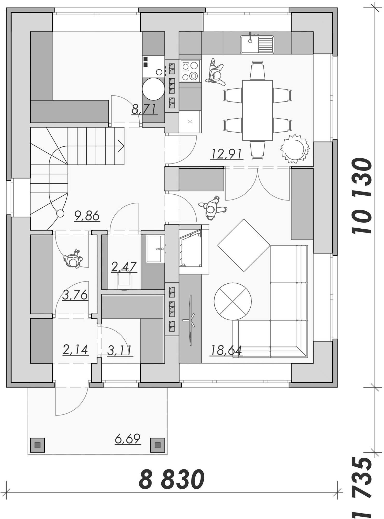 Проект дома в классическом стиле из кирпича, 3 спальнями, раздельными кухней и гостиной, выделенной котельной с прачечной