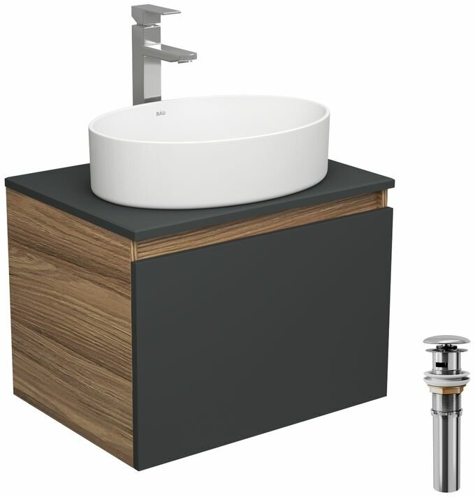 Комплект для ванной, 4 предмета (тумба Bau 60, графит + раковина BAU Nimb 50х36 + смеситель Hotel Still, выпуск клик-клак, хром)