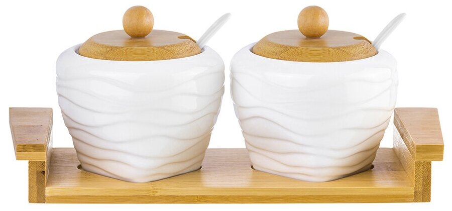 фото Набор 2 сахарниц 350 мл 26*10*10,5 см "Айсберг волны" + ложки + дер. крышки на дер. подставке