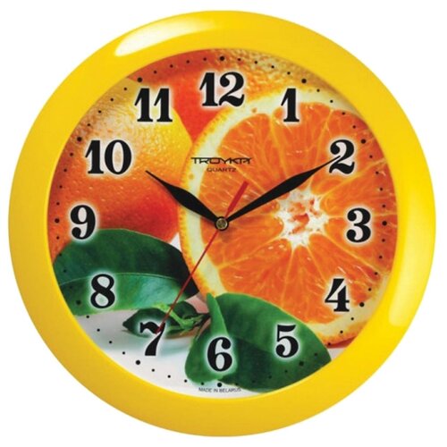 фото Часы настенные troyka 11150126, круг, с рисунком "апельсин", желтая рамка, 29х29х3,5 см тройка
