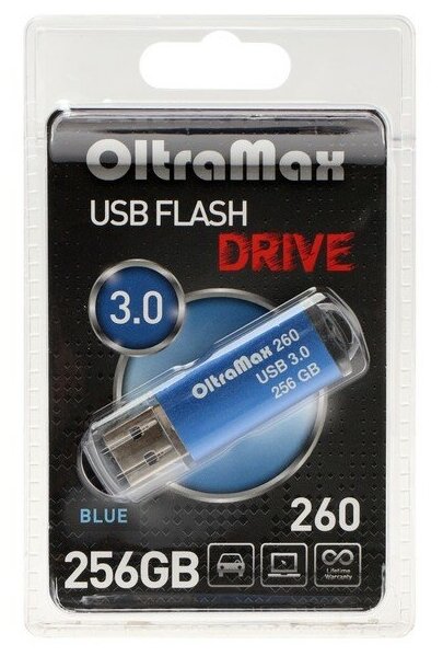 Флешка OltraMax 260, 256 Гб, USB3.0, чт до 70 Мб/с, зап до 20 Мб/с, синяя