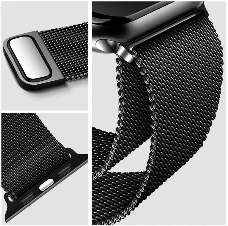 Ремешок миланская петля для Apple Watch 42-44-45 mm, Series 1-7, SE / Металлический браслет (milanese loop) для смарт часов Эпл Вотч 42-45 мм, Черный