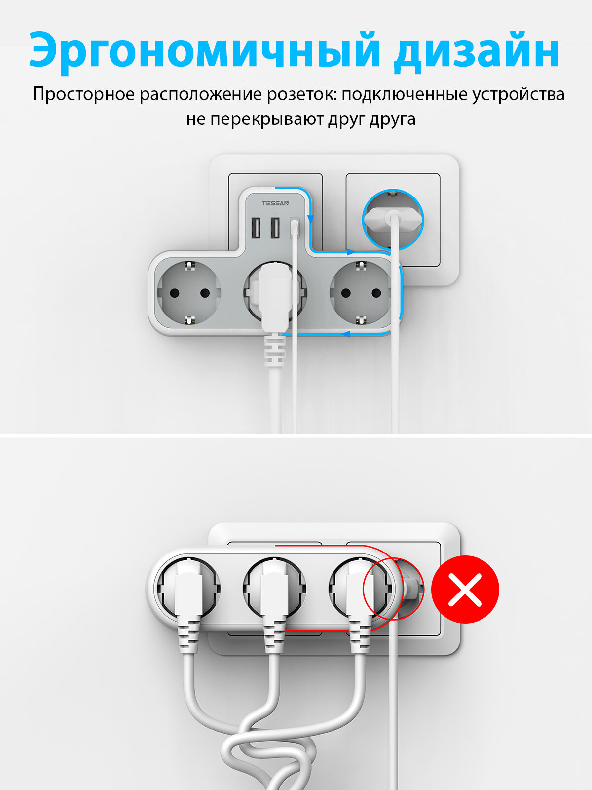 Сетевой фильтр TESSAN TS-323-C Grey, 3600Вт, 3 розетки 220В, 2 USB и 1 USB-C порты — фото 1